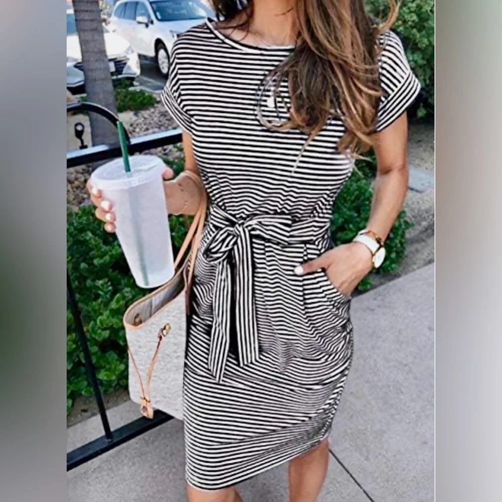 NWT Merokeety Blue White Striped Midi Dress Small Coastal Summer Vacation Dress - Picture 5 of 5